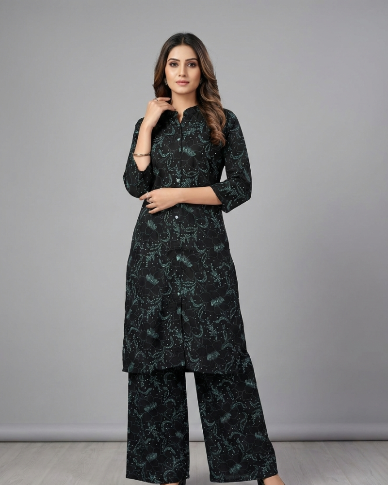 Women's Rayon Floral Printed Cord Set | Mandarin Collar Kurti with Palazzo Pants | Lightweight Breathable Indian Ethnic Co-ord Set for Women | Festive & Casual Wear | Black & Lavender Combo Available