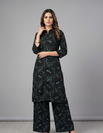 Women's Rayon Floral Printed Cord Set | Mandarin Collar Kurti with Palazzo Pants | Lightweight Breathable Indian Ethnic Co-ord Set for Women | Festive & Casual Wear | Black & Lavender Combo Available